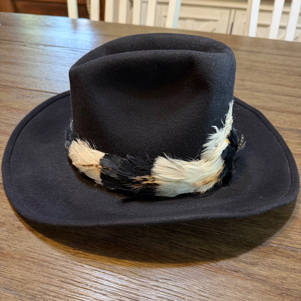 Vintage Black Wool Felt Cowboy Hat Feather Band Size 6 7/8 Western Boho Festival - Picture 2 of 10